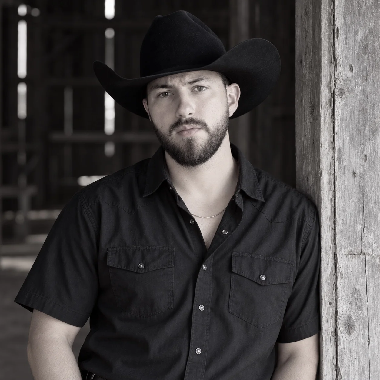 Black-and-white portrait of Dallas Loper in a weathered barn.